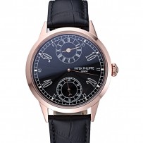 Patek Philippe Geneve Two Dial quadrante nero lunetta in oro rosa cinturino in pelle nera 622146