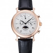 Patek Philippe Grand Complications Quadrante Bianco Inciso Custodia in Oro Rosa Bracciale in Pelle Nera-1454144