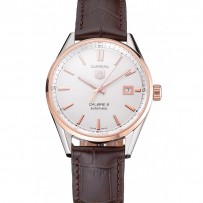 Swiss Tag Heuer Carrera Calibre 5 quadrante bianco cassa in oro rosa cinturino in pelle marrone