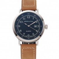 Hamilton Navy Pioneer quadrante nero cassa in acciaio inossidabile cinturino in pelle marrone chiaro