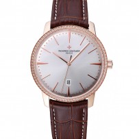 Swiss Vacheron Constantin Patrimony quadrante bianco cassa in oro rosa con diamanti Bracciale in pelle marrone 1454170