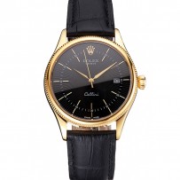 Swiss Rolex Cellini Date quadrante nero cassa in oro cinturino in pelle nera