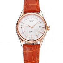 Swiss Rolex Cellini Date quadrante bianco cassa in oro rosa cinturino in pelle marrone