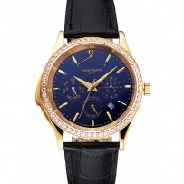 Swiss Patek Philippe Grand Complications Calendario perpetuo Quadrante blu Cassa in oro Lunetta con diamanti Cinturino in pelle nera