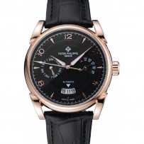 Patek Philippe Complicazioni Cronografo quadrante nero Cassa in oro Bracciale in pelle nera 1454235