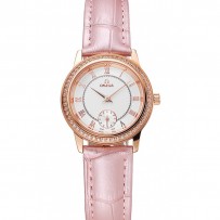 Omega De Ville Prestige Small Seconds quadrante bianco lunetta con diamanti Cassa in oro rosa Cinturino in pelle rosa