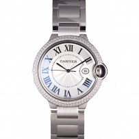 Cartier Ballon Bleu 44mm quadrante bianco con cassa e bracciale in acciaio inossidabile con diamanti