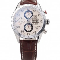 Tag Heuer Swiss Carrera Lunetta Tachimetrica Cinturino in Pelle Marrone Scuro Quadrante Bianco