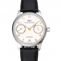 Swiss IWC portoghese quadrante bianco numeri in oro cassa in argento braccialetto in pelle nera 1453908