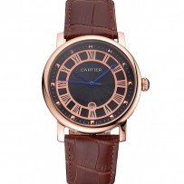 Cartier Rotonde Date quadrante nero cassa in oro rosa cinturino in pelle marrone