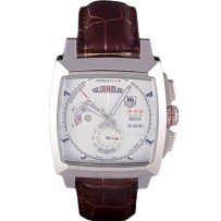 Tag Heuer Monaco Cassa in acciaio inossidabile spazzolato Quadrante bianco Cinturino in pelle marrone 98173