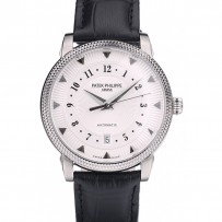 Patek Philippe Swiss Calatrava lunetta a coste quadrante bianco cinturino in pelle nera 7657