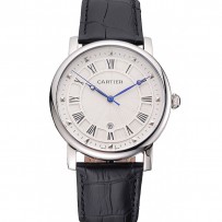 Cartier Rotonde Date quadrante bianco cassa in acciaio cinturino in pelle nera