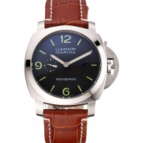 Panerai Luminor Marina 1950 quadrante nero cassa in acciaio spazzolato cinturino in pelle marrone chiaro