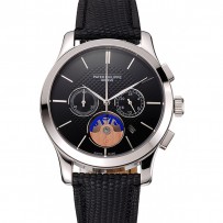 Patek Philippe cronografo quadrante nero cassa in acciaio inossidabile cinturino in pelle nera