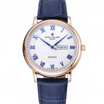 Patek Philippe Calatrava quadrante bianco blu numeri romani cassa in oro bracciale in pelle blu 1454056