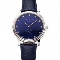 Patek Philippe Calatrava quadrante blu guilloché cassa in acciaio cinturino in pelle blu