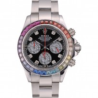 Rolex Daytona Cosmograph Rainbow Crystals Bezel Stainless Steep Strap quadrante nero 80250