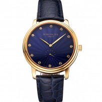 Patek Philippe Calatrava quadrante blu guilloché cassa in oro cinturino in pelle blu