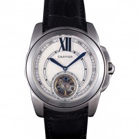 Cartier Calibre Flying Tourbillon quadrante bianco cassa in acciaio inossidabile bracciale in pelle nera