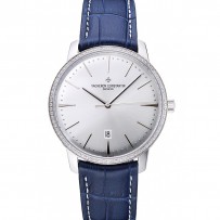 Swiss Vacheron Constantin Patrimony quadrante argentato Cassa di diamanti argento Bracciale in pelle blu 1454161