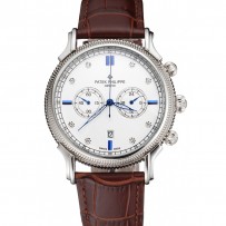 Patek Philippe cronografo quadrante bianco con diamanti e segni blu cassa in acciaio inossidabile cinturino in pelle marrone