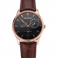 Swiss Jaeger LeCoultre Master Ultra Thin Reserve De Marche quadrante nero cassa in oro rosa cinturino in pelle marrone