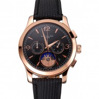 Cronografo Patek Philippe quadrante nero guilloché cassa in oro rosa cinturino in pelle nera