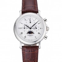 Patek Philippe Grand Complications quadrante bianco inciso cassa d'argento Bracciale in pelle marrone 1454143