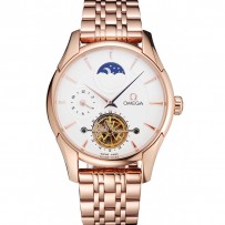 Omega De Ville Moonphase Tourbillon quadrante bianco Cassa e bracciale in oro rosa