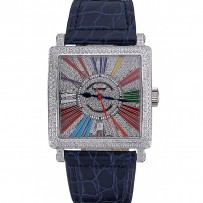 Franck Muller Master Square Color Dreams Diamanti Quadrante Diamanti Cassa Cinturino in pelle blu 622359
