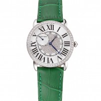 Bracciale in pelle verde con quadrante bianco con quadrante bianco e diamanti Cartier Ronde Louis 1454012