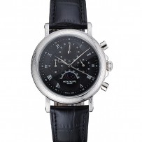 Patek Philippe Grand Complications quadrante nero inciso cassa d'argento Bracciale in pelle nera 1454145