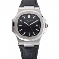 Patek Philippe Nautilus quadrante nero cassa in acciaio inossidabile spazzolato cinturino in pelle nera