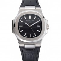 Patek Philippe Nautilus con quadrante nero cassa in acciaio inossidabile spazzolato e cinturino in pelle nera