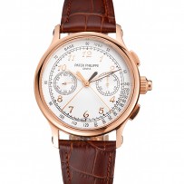 Svizzero Patek Philippe cronografo Split Seconds quadrante bianco cassa in oro rosa cinturino in pelle marrone