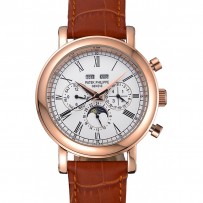 Patek Philippe Grand Complications Calendario perpetuo quadrante bianco Bracciale in pelle marrone