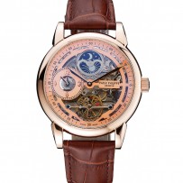 Patek Philippe Dual Time Moonphase Tourbillon quadrante scheletrato oro Cassa in oro rosa Cinturino in pelle marrone