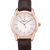 Swiss Vacheron Constantin Traditionnelle quadrante bianco Bracciale in pelle marrone con cassa in oro rosa