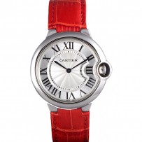 Cartier Ballon Bleu lunetta in argento con quadrante bianco cinturino in pelle rossa 621551