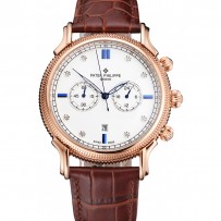 Cronografo Patek Philippe, quadrante bianco con quadrante blu e diamanti, cassa in oro rosa e cinturino in pelle marrone