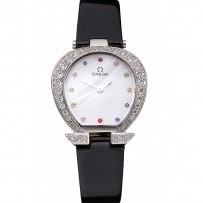 Orologio da donna Omega quadrante bianco con gioielli Cassa in acciaio inossidabile con cassa in diamanti Cinturino in pelle bianca 622826