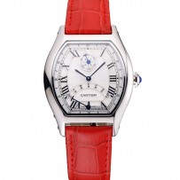 Cartier Tortue Calendario perpetuo quadrante bianco Cassa in acciaio inossidabile Cinturino in pelle rossa