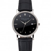 Patek Philippe Calatrava quadrante nero con diamanti ora segni lunetta a coste cassa in acciaio inossidabile cinturino in pelle nera