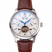 IWC Portofino Tourbillon quadrante bianco con segni blu Cassa in acciaio inossidabile Cinturino in pelle marrone