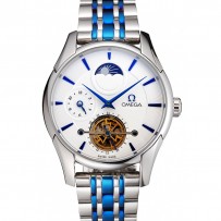 Omega De Ville Moonphase Tourbillon quadrante bianco Cassa in acciaio inossidabile Bracciale bicolore in acciaio blu