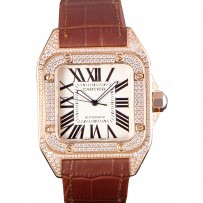 Lunetta svizzera Cartier Santos in oro rosa con diamanti e cinturino in pelle marrone sct46 621530