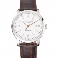 Swiss Baume and Mercier Classima Quadrante Bianco Custodia in Acciaio Inossidabile Cinturino in Pelle Marrone