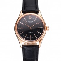 Swiss Rolex Cellini quadrante nero in oro rosa marcature cassa in oro rosa cinturino in pelle nera