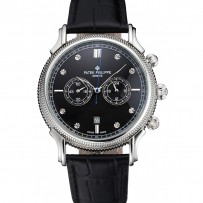 Patek Philippe cronografo quadrante nero con cassa in acciaio inossidabile diamanti cinturino in pelle nera